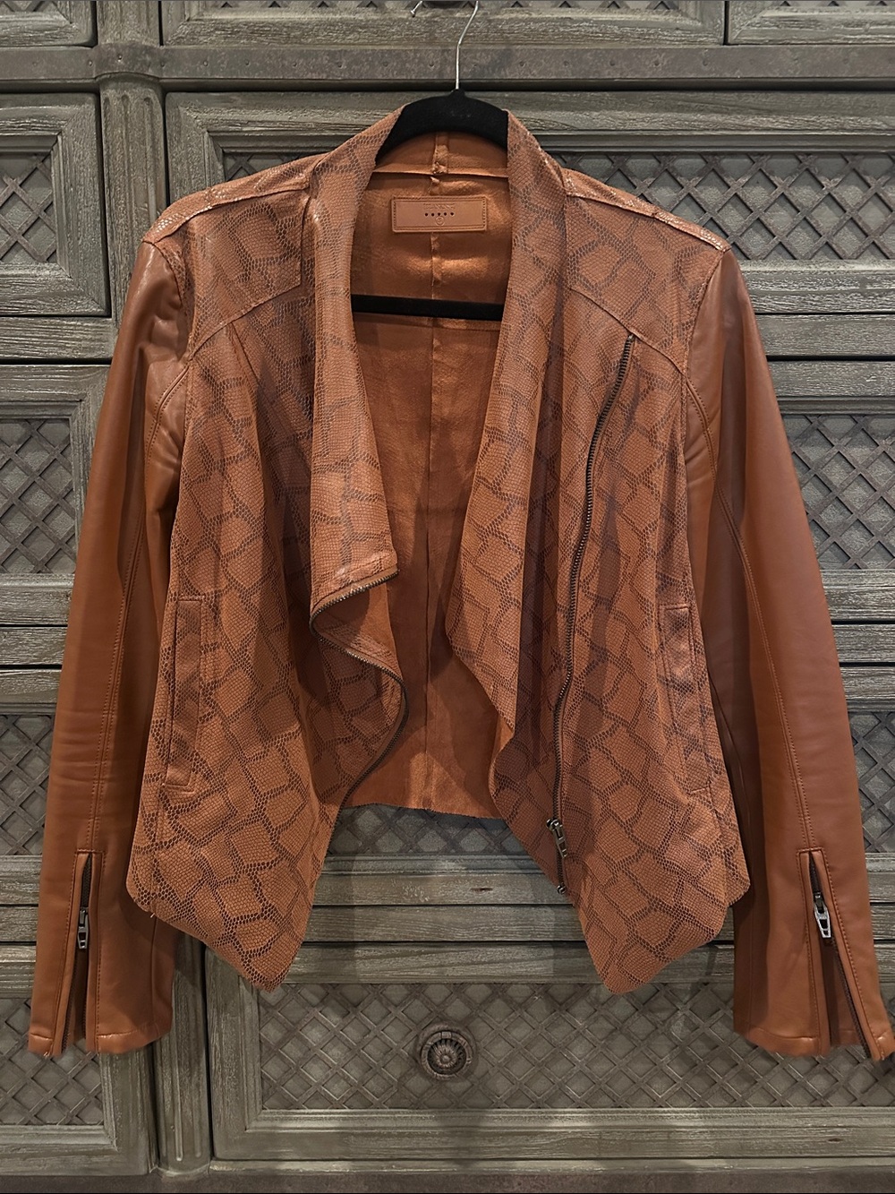Blank NYC Cognac Brown Faux Leather Drape Jacket